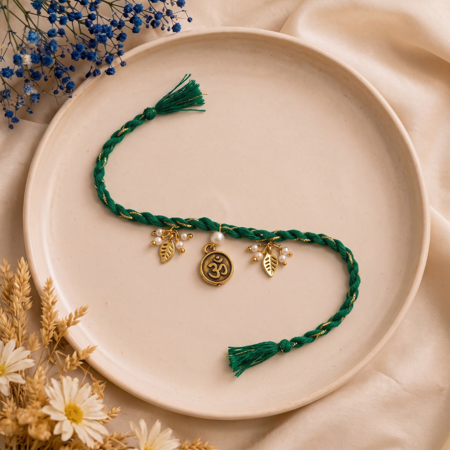 Green Om Charm Braided Rakhi
