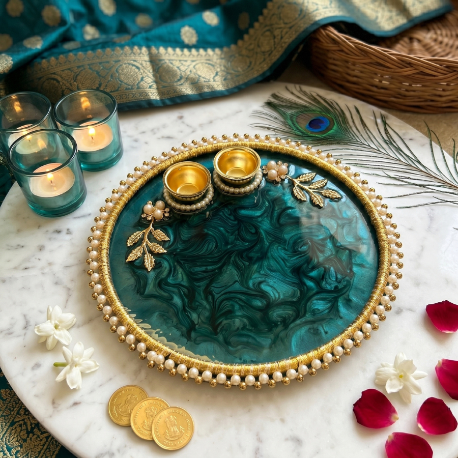 Emerald Marble Resin Pooja Thali