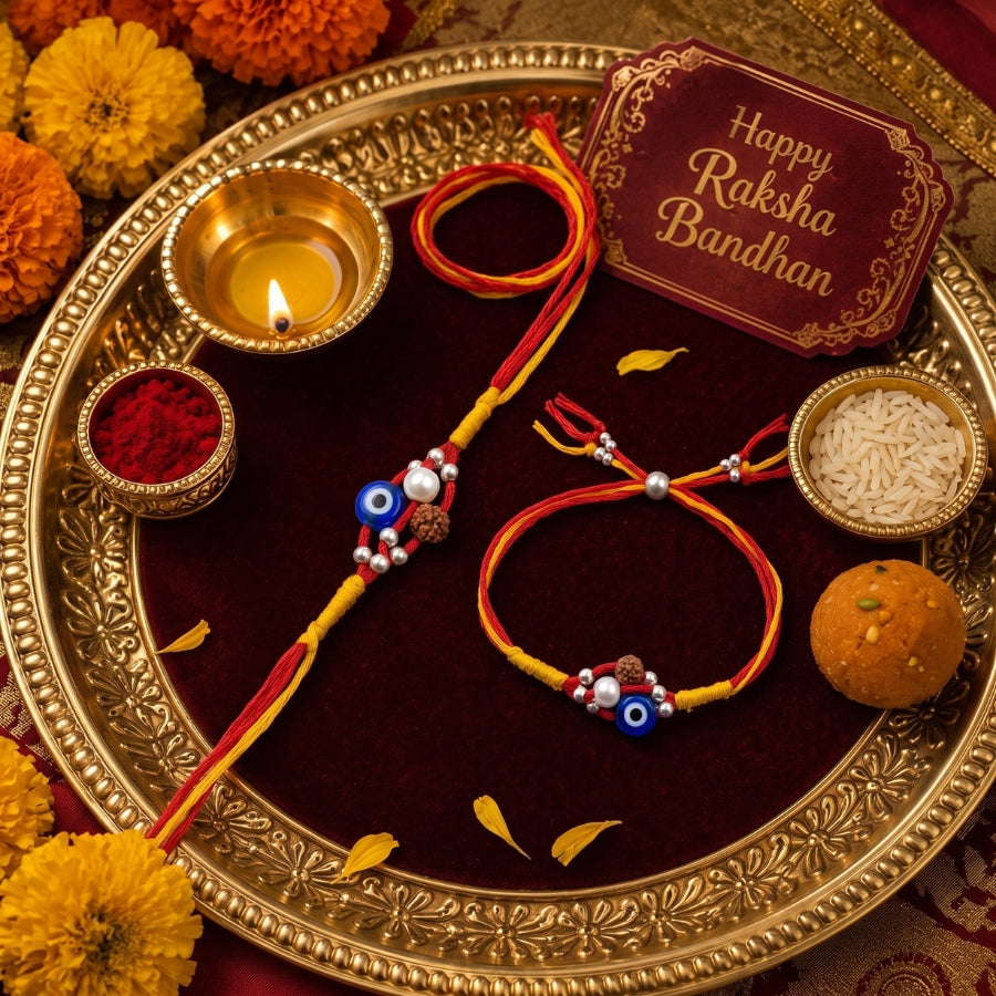 Evil Eye Rudraksha Rakhi Combo Set of 2