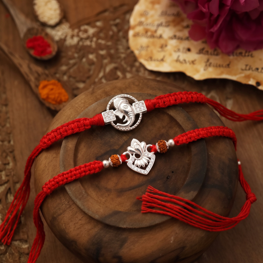 925 Silver Lord Ganesha Rakhi & 925 Silver Shree Ganesh Rudraksha Rakhi Set of 2