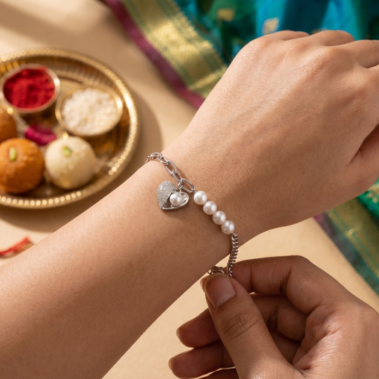 Silver Heart Pearl Rakhi