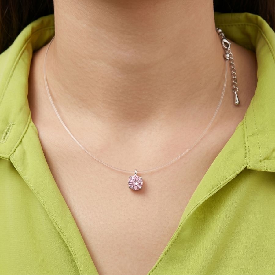 Invisible Solitaire Necklace — Pink / Silver-tone — photo 4