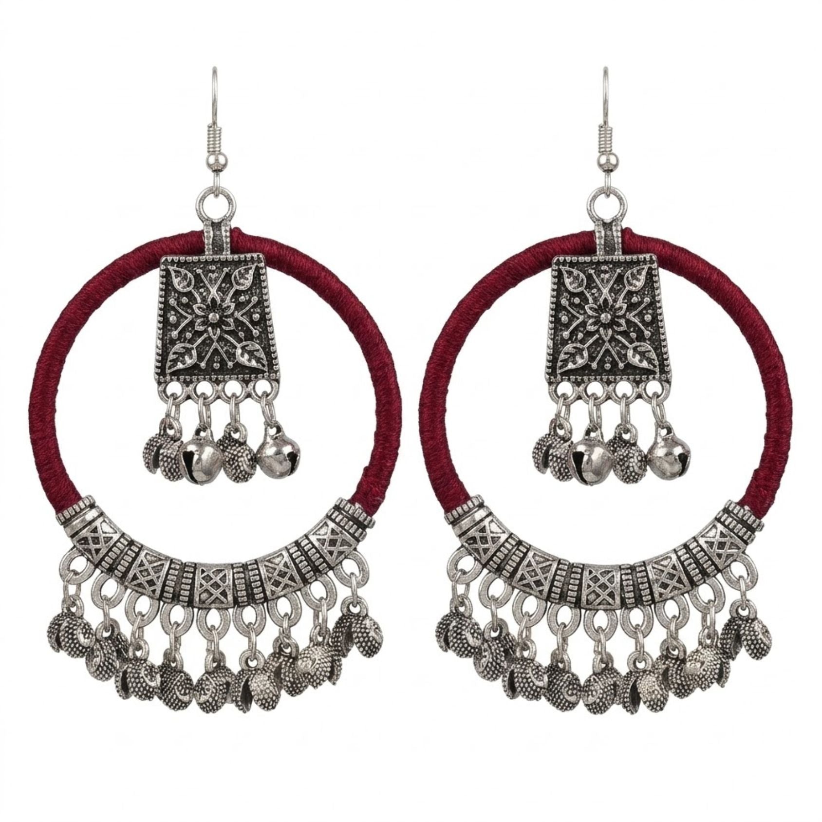 Rani Maroon Ghughri Dori Hoop Earrings