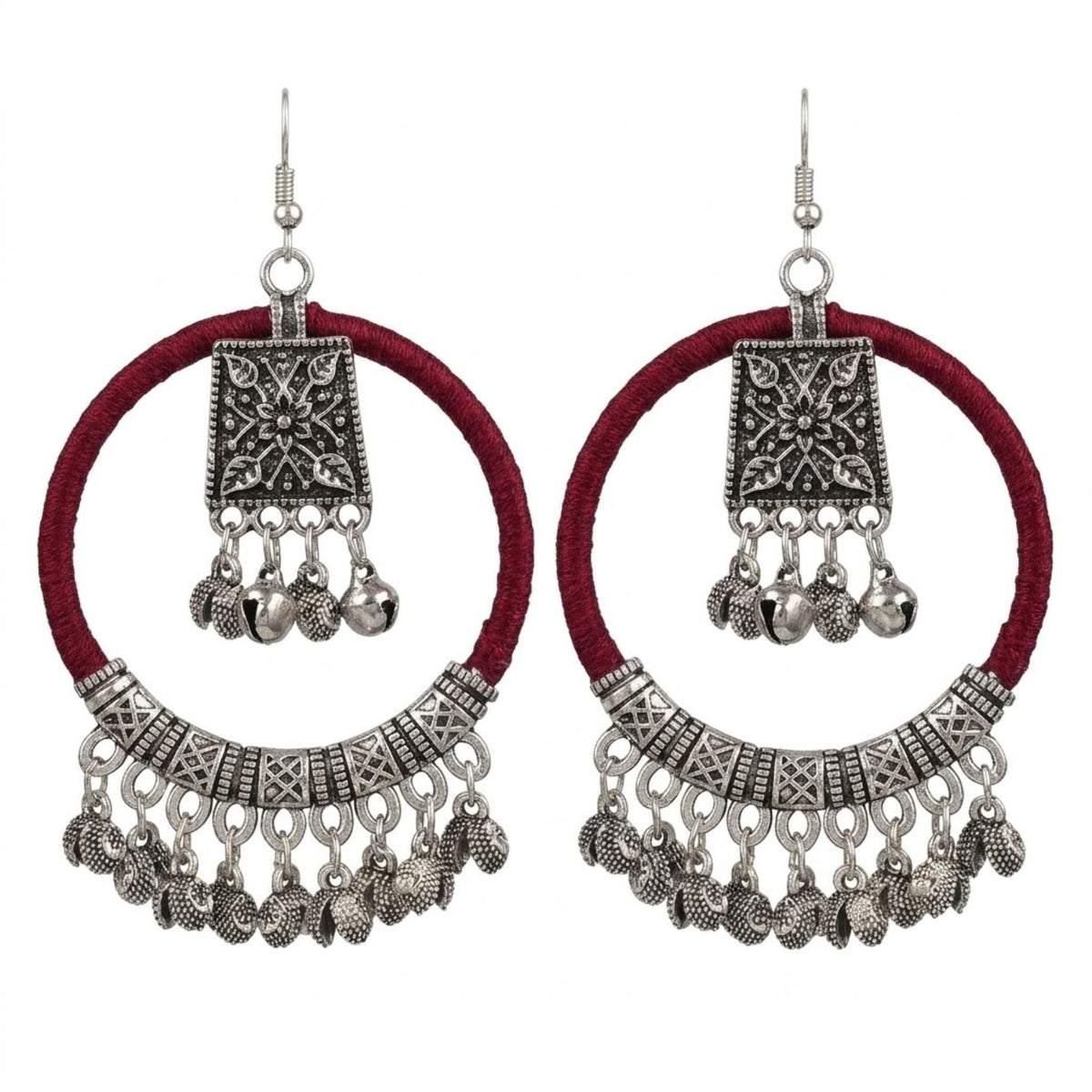 Rani Maroon Ghughri Dori Hoop Earrings