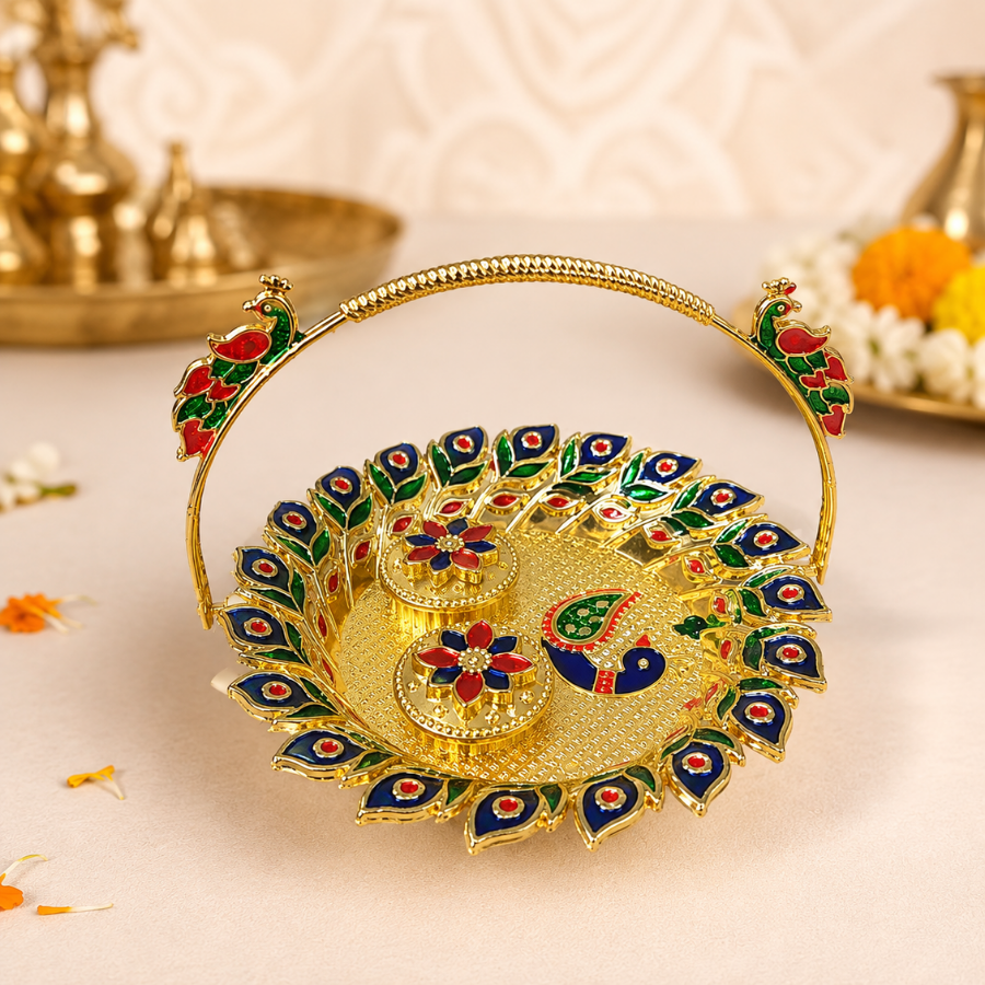 Gold Meenakari Peacock Puja Thali, styled