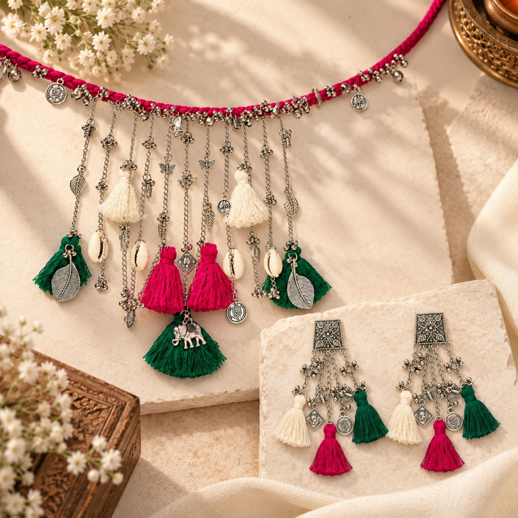 Rani Navrang Latkan Oxidised Necklace Set