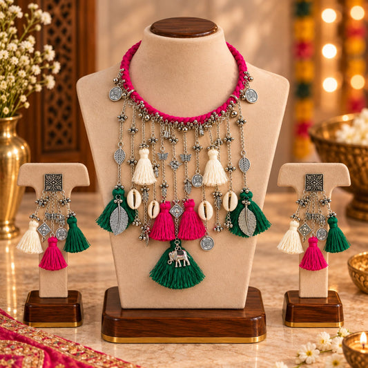 Rani Navrang Latkan Oxidised Necklace Set