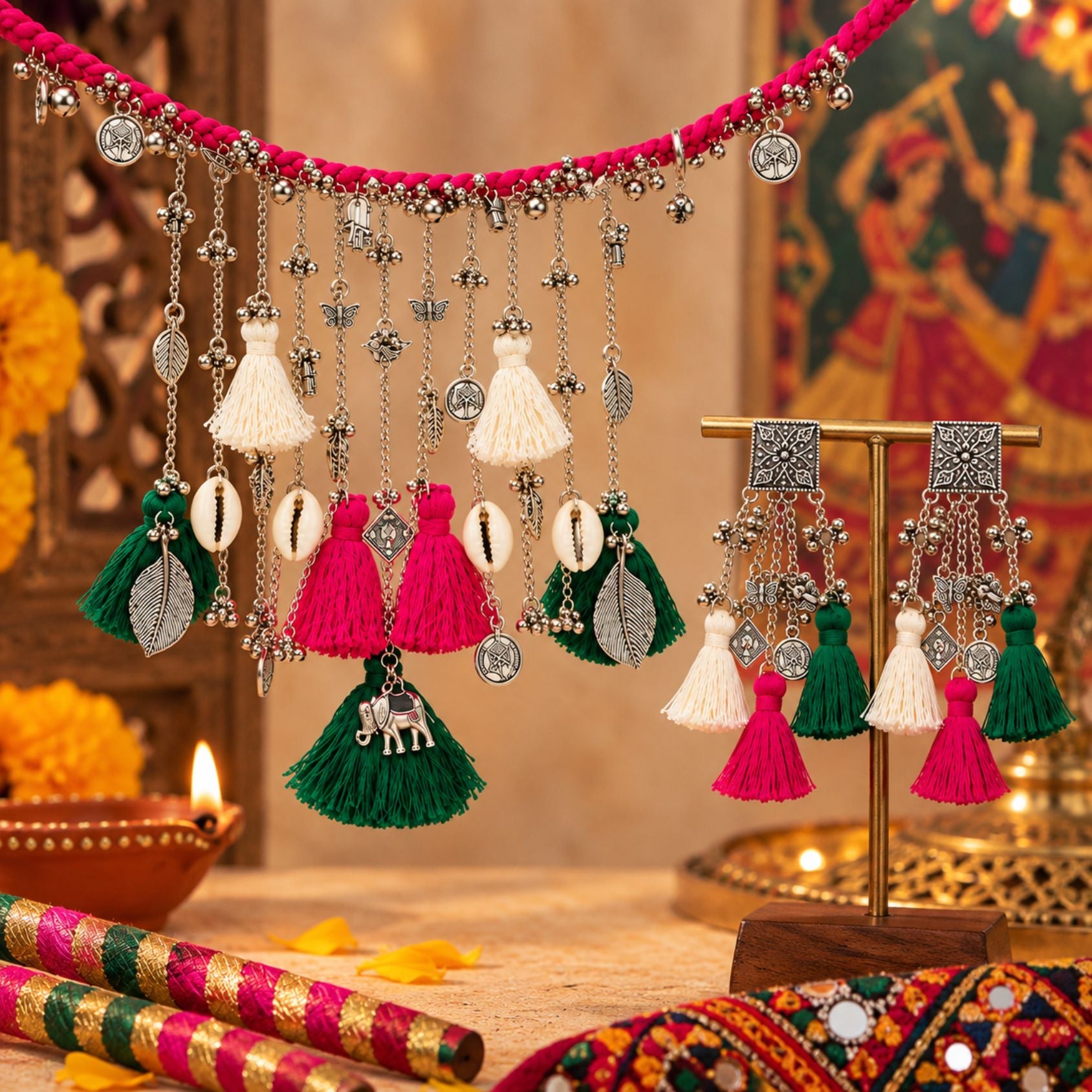 Rani Navrang Latkan Oxidised Necklace Set