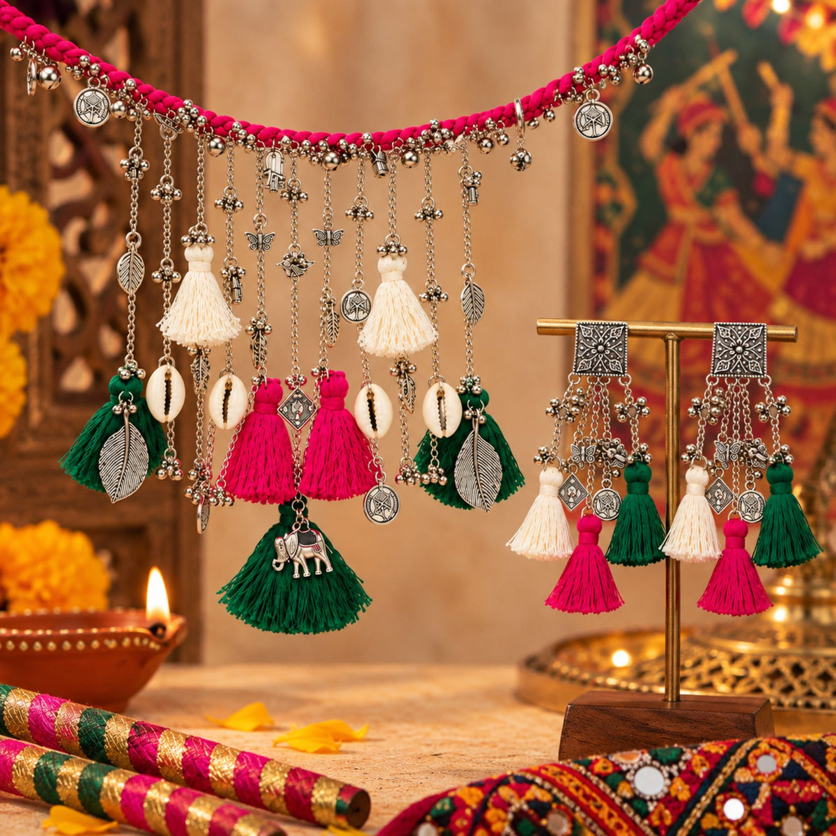 Rani Navrang Latkan Oxidised Necklace Set