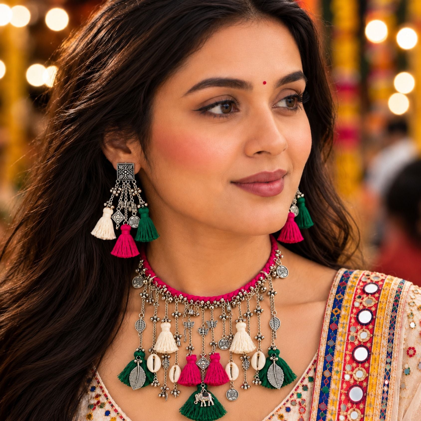 Rani Navrang Latkan Oxidised Necklace Set