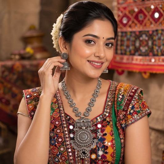Phool Mandal Ghughri Oxidised Necklace Set - image 1