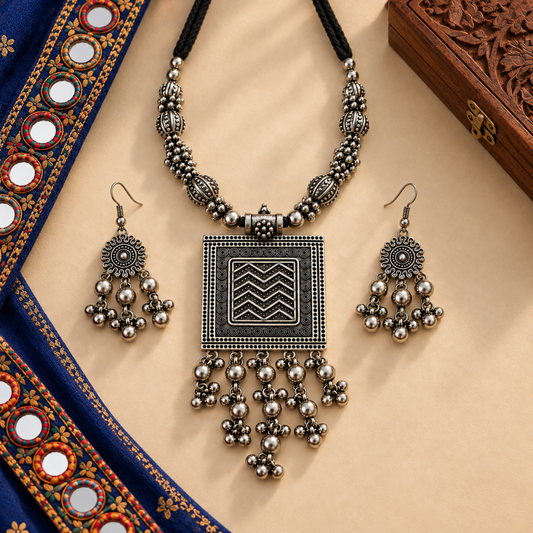 Chowk Leher Ghughri Oxidised Necklace Set - image 2
