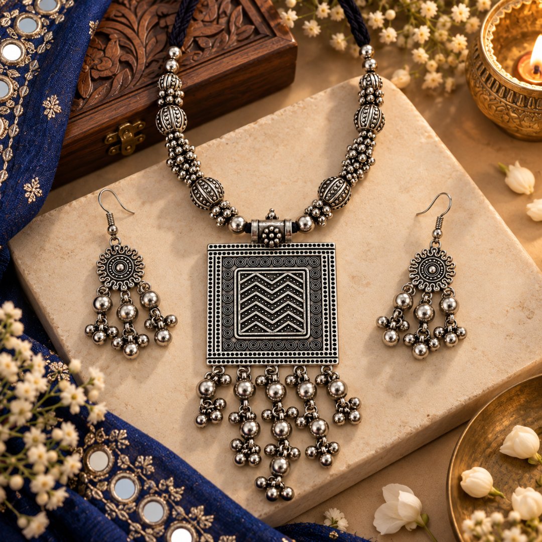 Chowk Leher Ghughri Oxidised Necklace Set - image 3