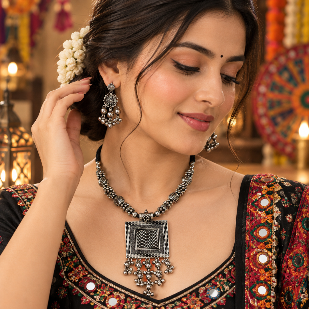 Chowk Leher Ghughri Oxidised Necklace Set - image 4