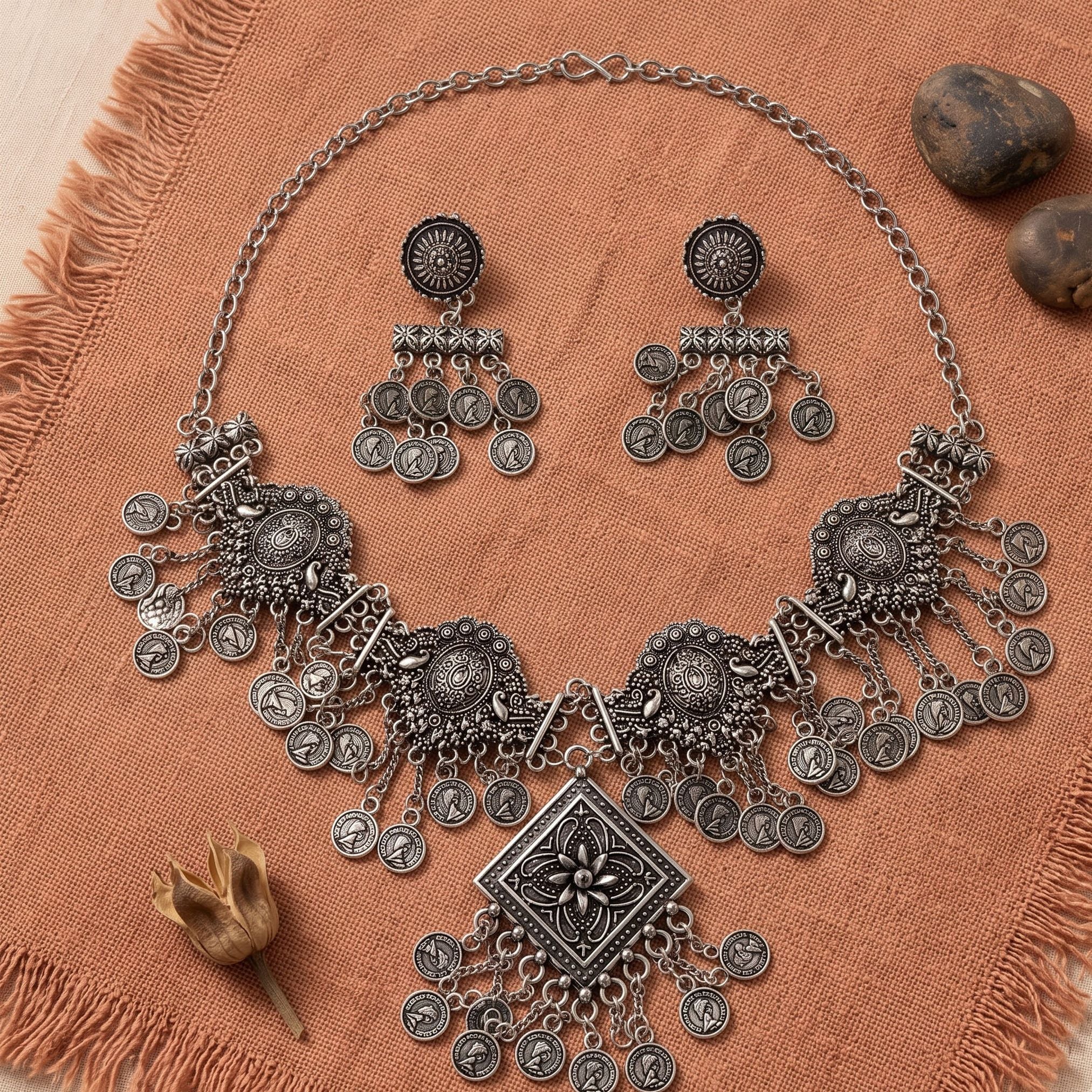 Chowk Sikka Ghughri Oxidised Necklace Set - image 3