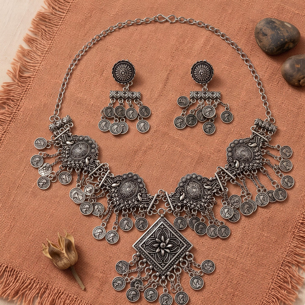Chowk Sikka Ghughri Oxidised Necklace Set - image 3