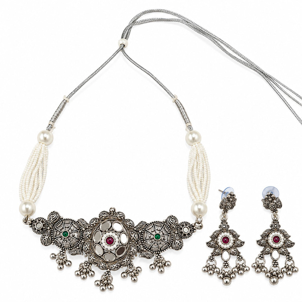 Phool Mandal Beaded Oxidised Necklace Set - view 2