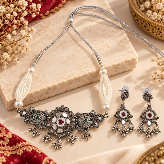 Phool Mandal Beaded Oxidised Necklace Set - view 4