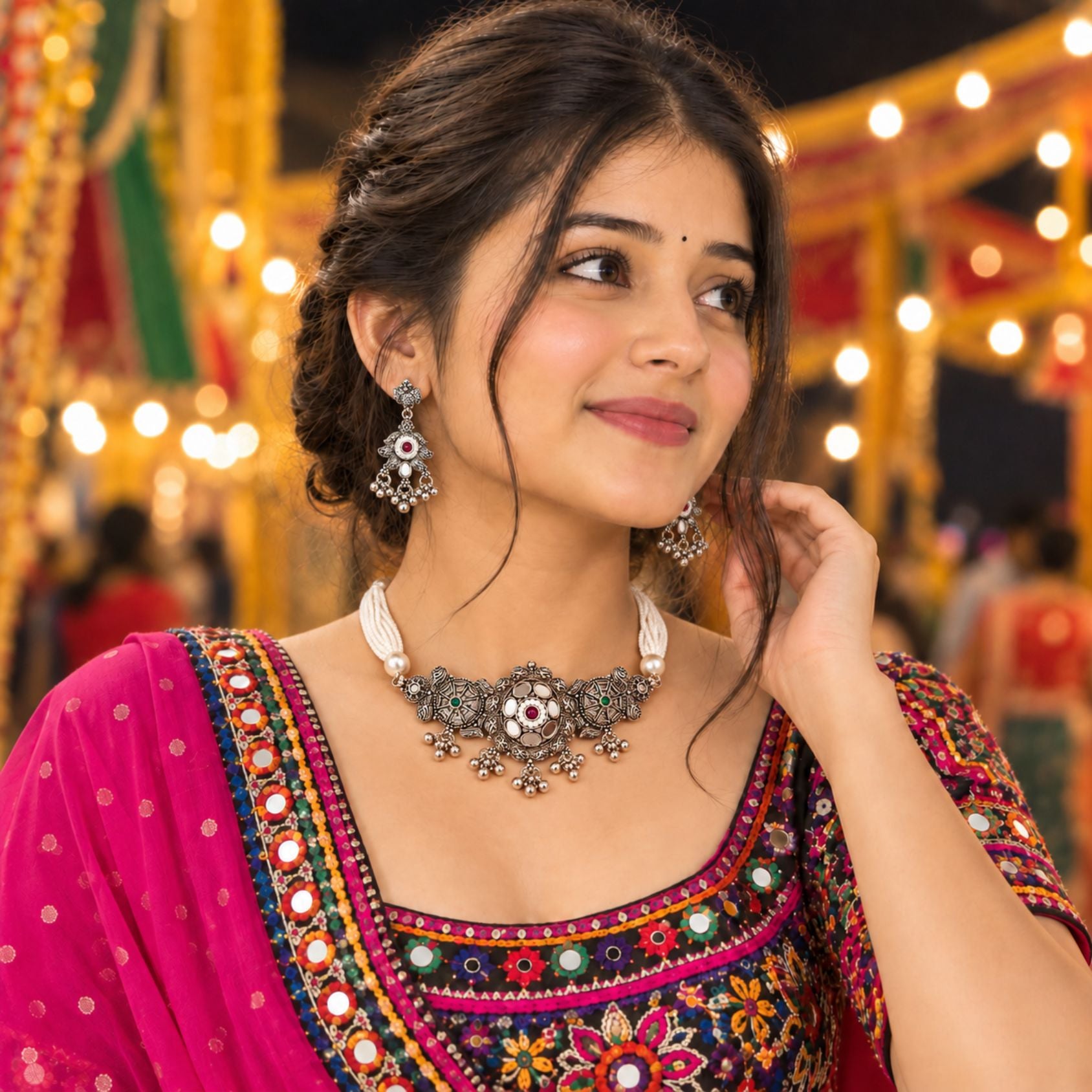 Phool Mandal Beaded Oxidised Necklace Set - view 5