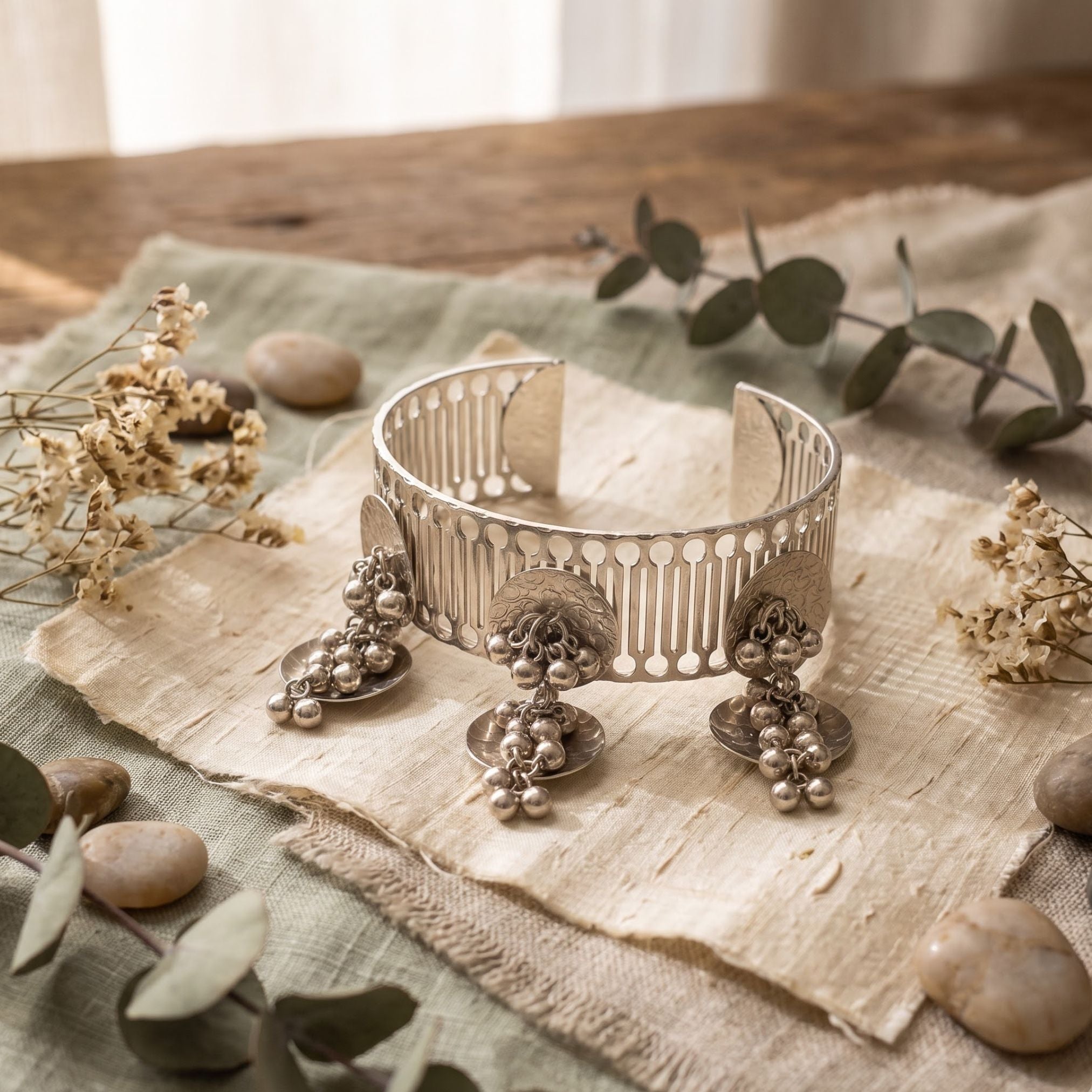 Navratri Ghungroo Tassel Oxidised Cuff Bangle - view 2