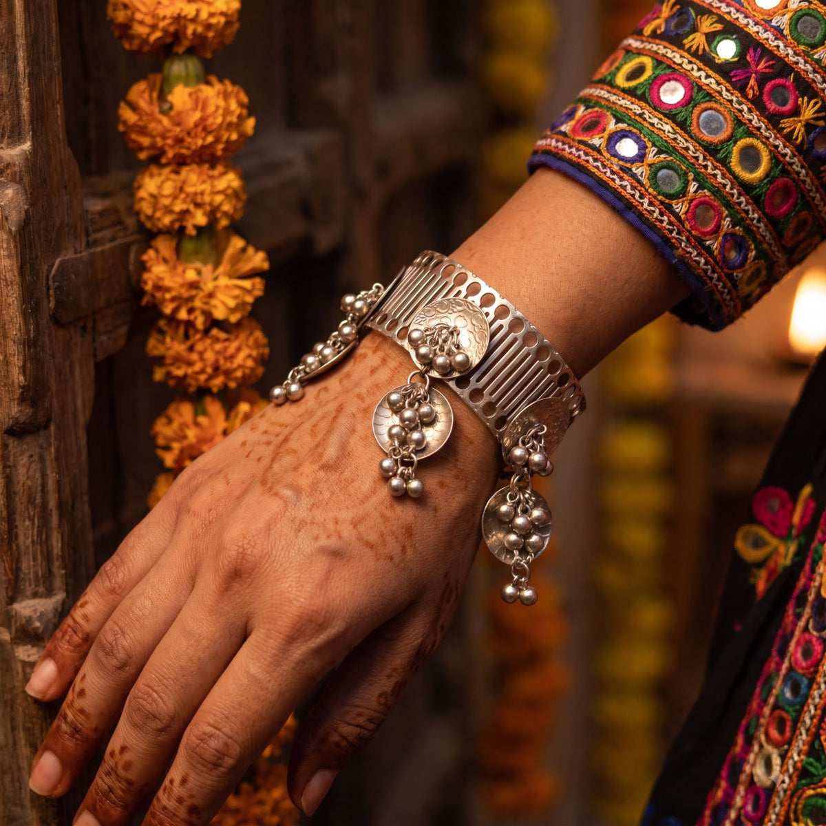Navratri Ghungroo Tassel Oxidised Cuff Bangle - view 4