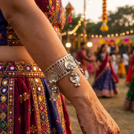 Navratri Ghungroo Tassel Oxidised Cuff Bangle - view 5