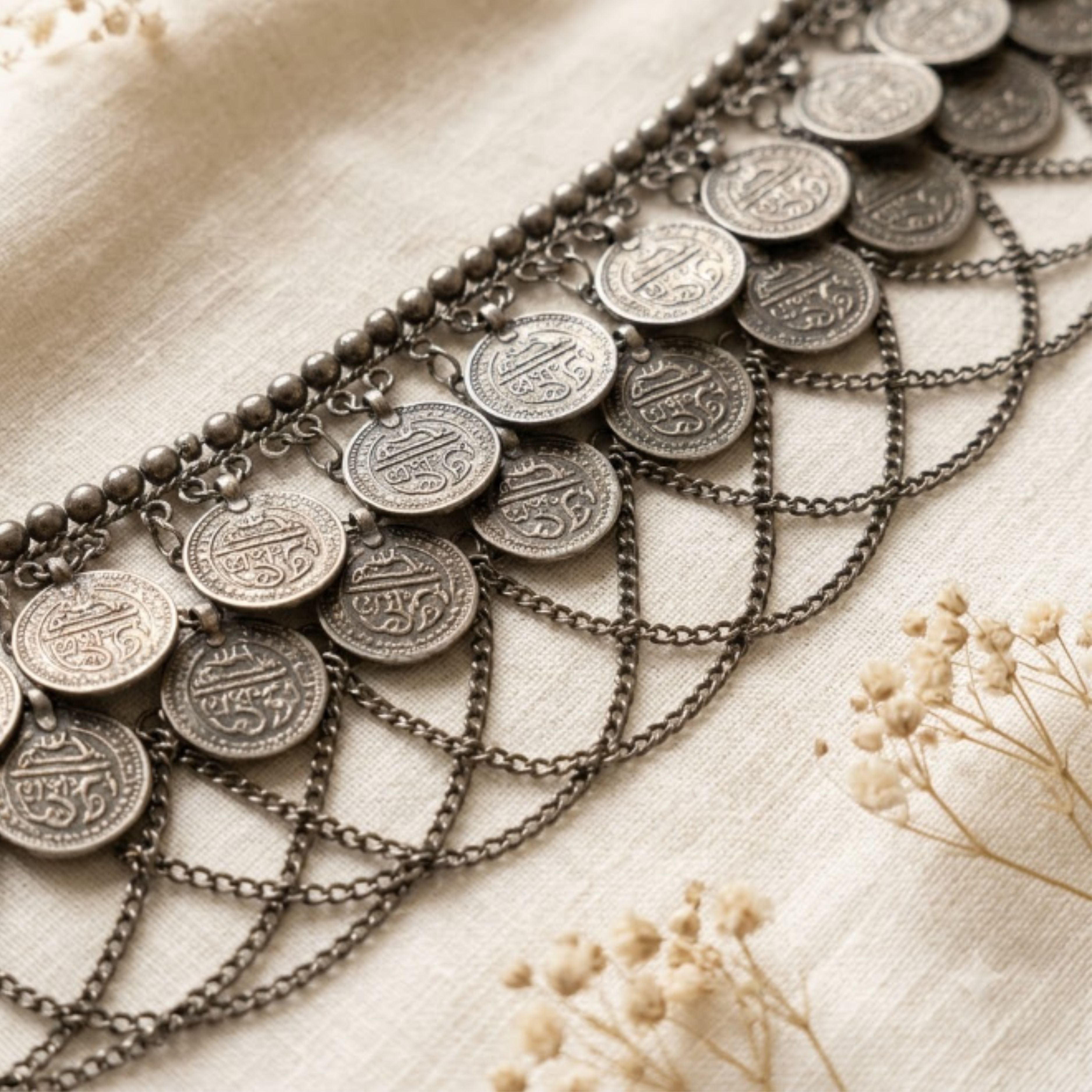 Navratri Coin Lattice Oxidised Kandora Waist Chain - view 1