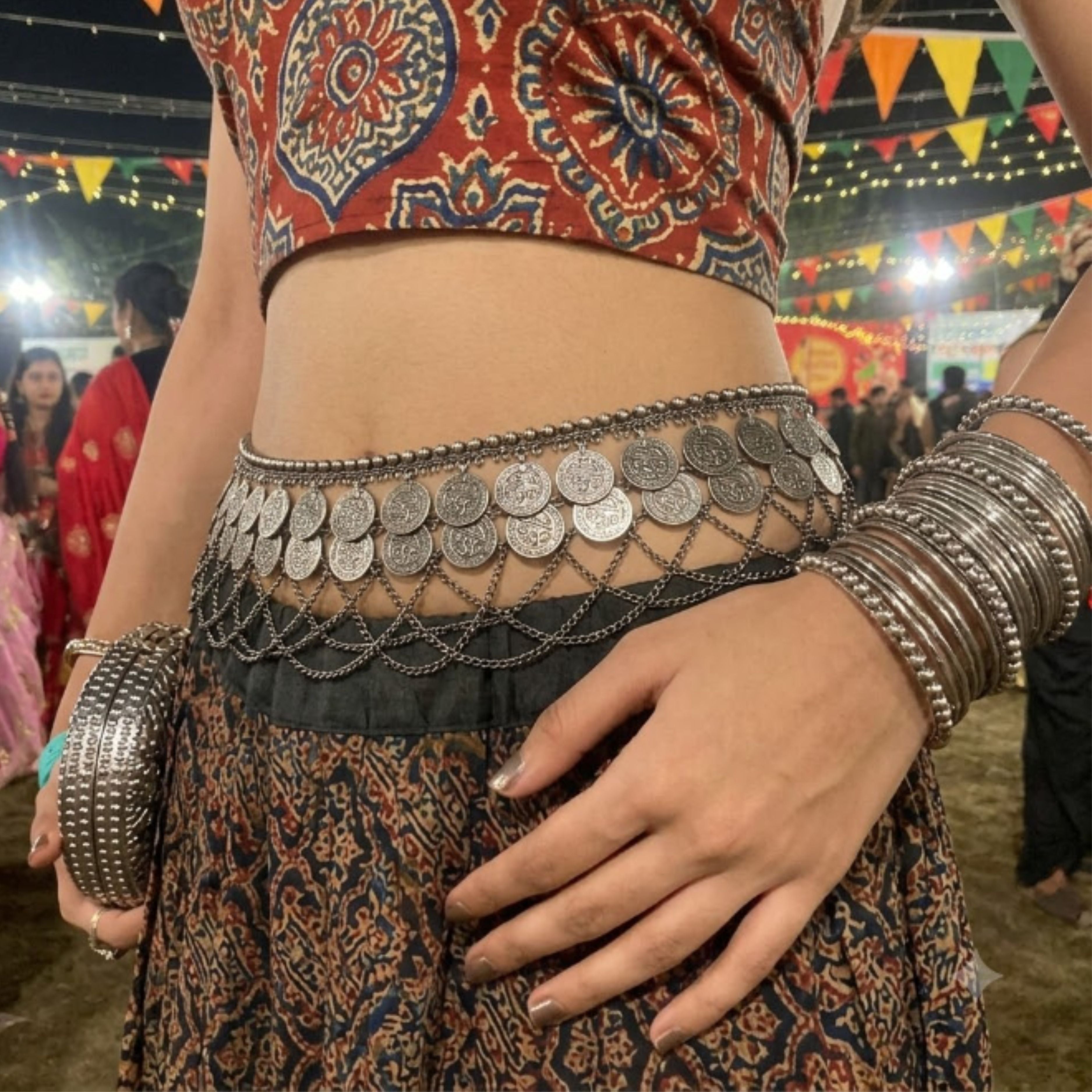 Navratri Coin Lattice Oxidised Kandora Waist Chain - view 4