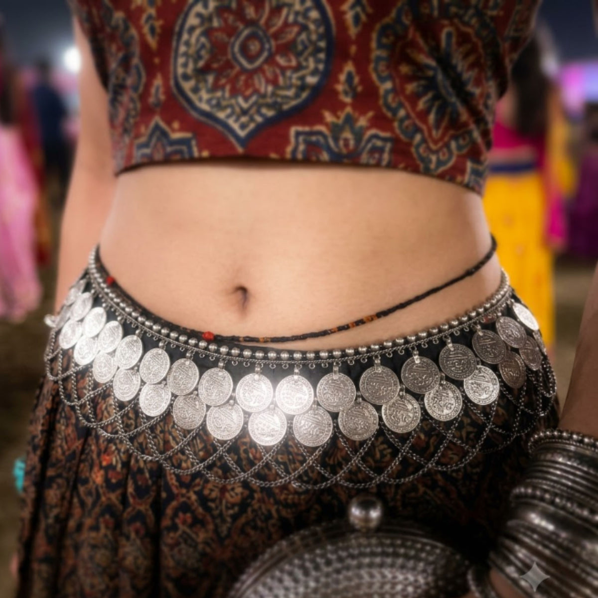Navratri Coin Lattice Oxidised Kandora Waist Chain - view 6