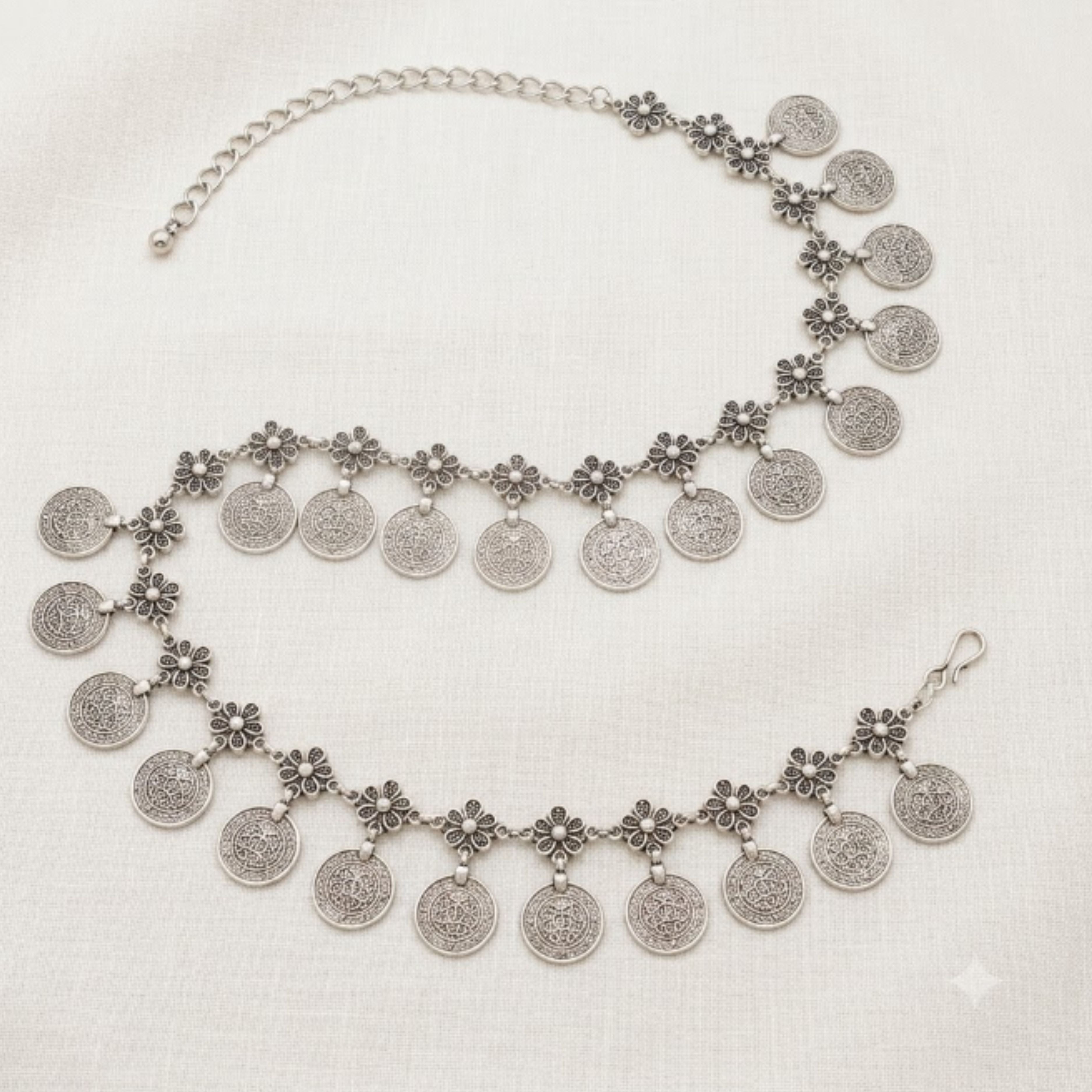 Navratri Floral Coin Oxidised Kandora Waist Chain - view 2