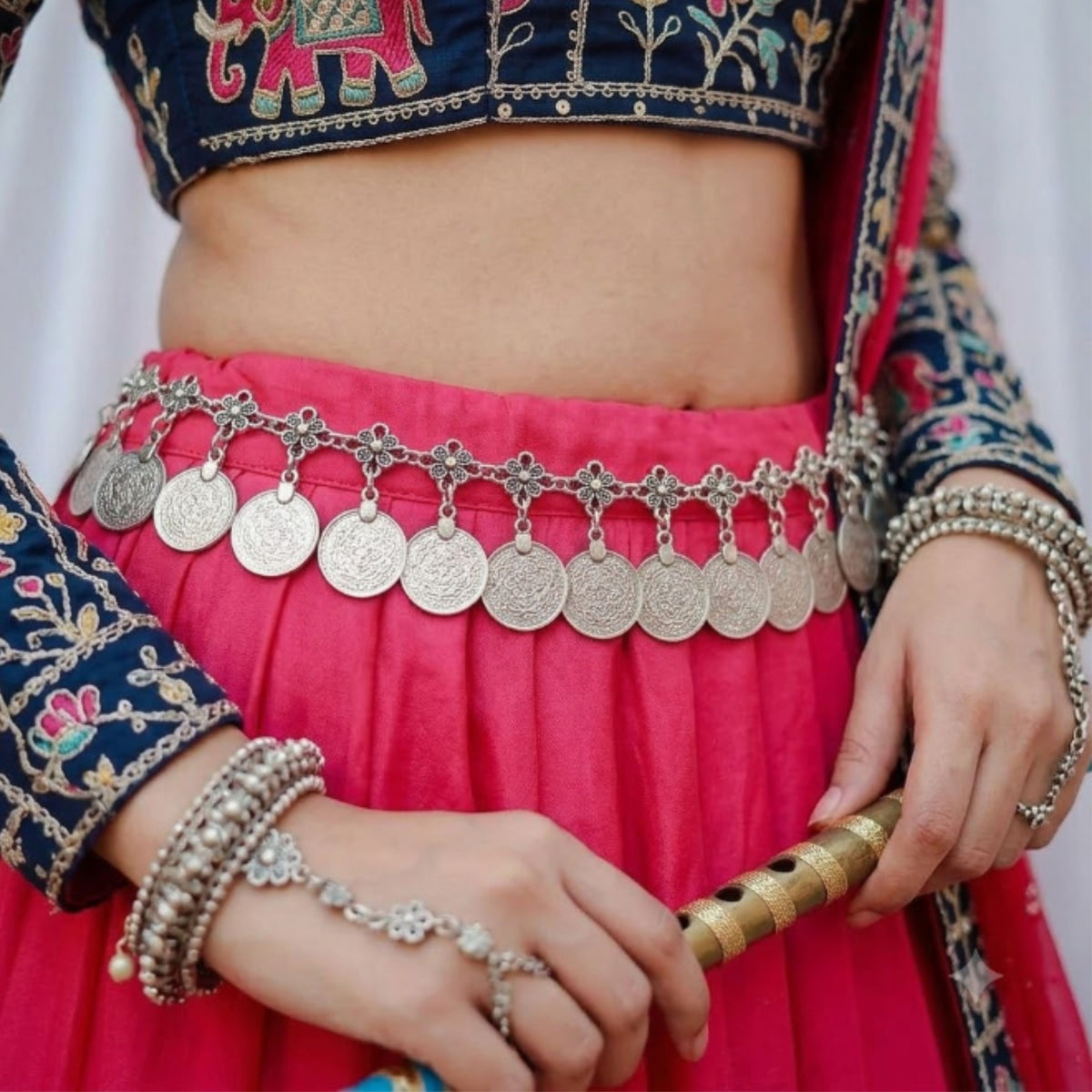 Navratri Floral Coin Oxidised Kandora Waist Chain - view 5