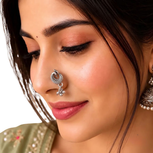 Navratri Crescent Ghungroo Oxidised Nose Pin - view 1
