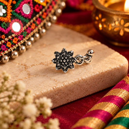Navratri Floral Bead-Drop Oxidised Nose Pin - view 3