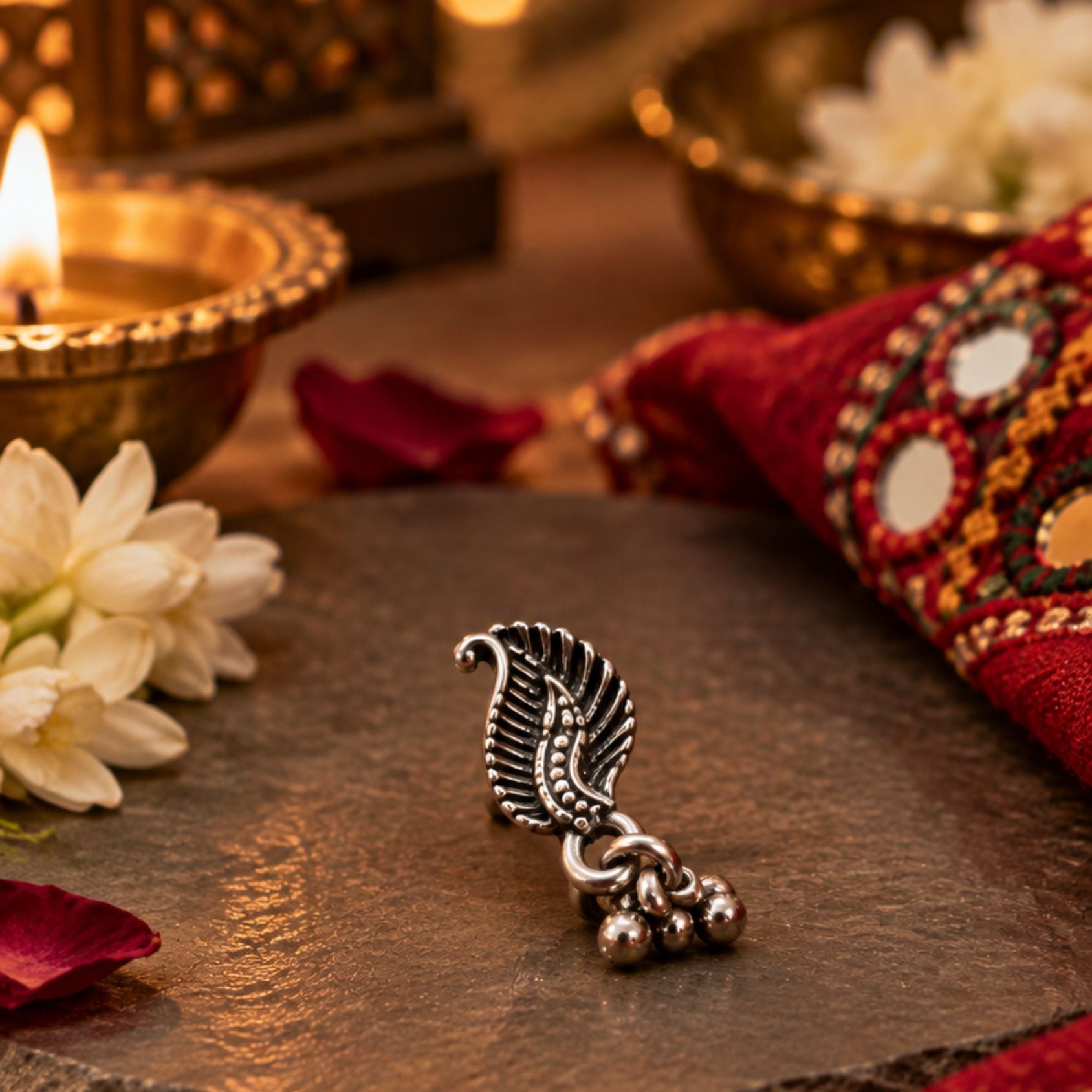 Navratri Blue Stone Drop Oxidised Nose Pin - view 3