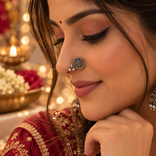 Navratri Floral Stone Oxidised Nose Pin - view 4