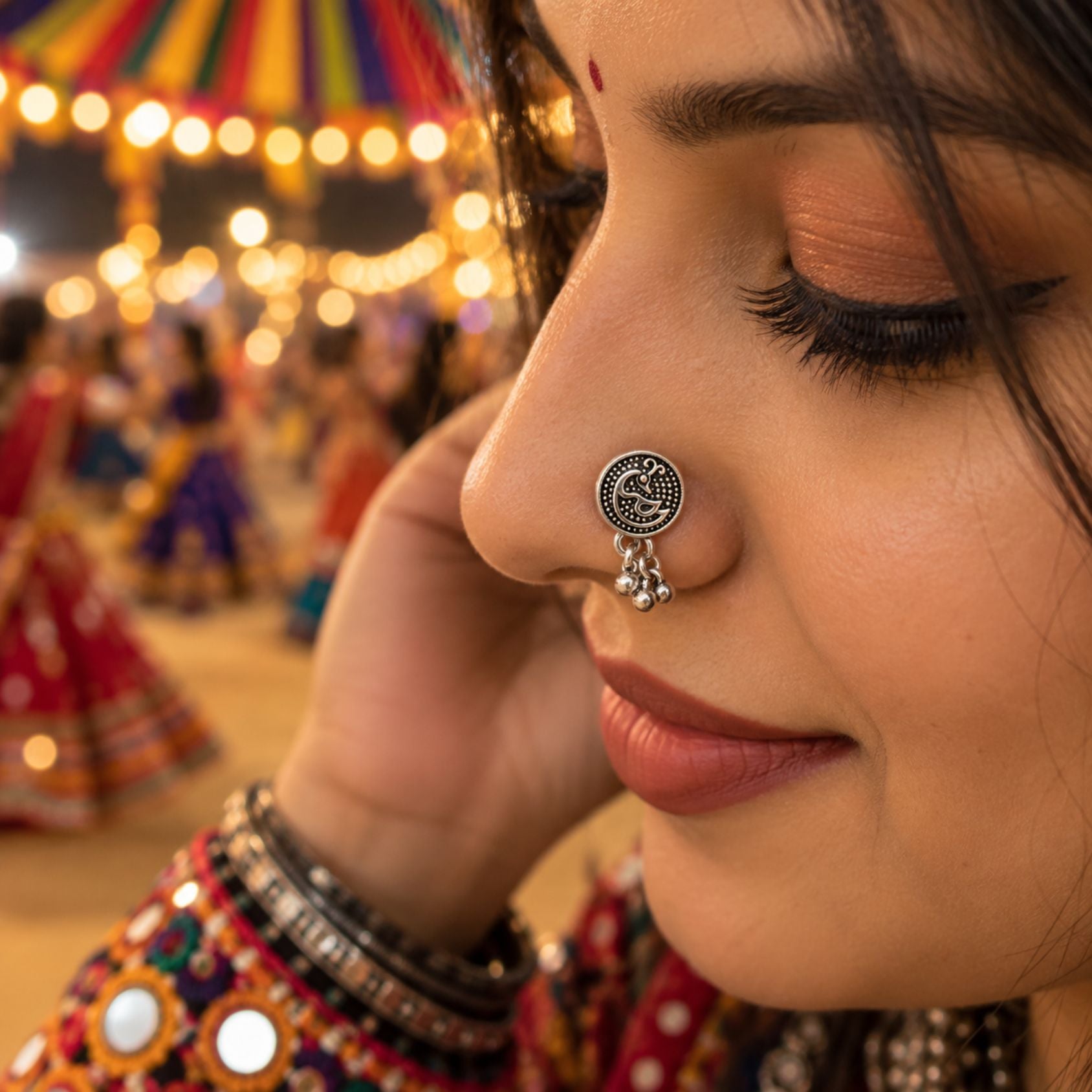 Navratri Round Paisley Oxidised Nose Pin - view 4
