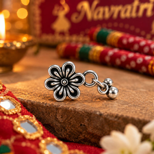 Navratri Five-Petal Flower Oxidised Nose Pin - view 1