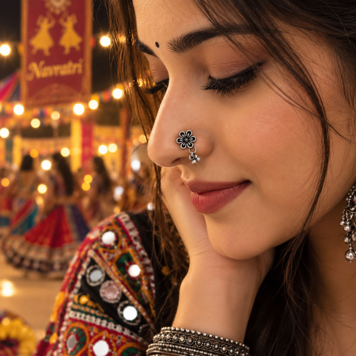 Navratri Five-Petal Flower Oxidised Nose Pin - view 2