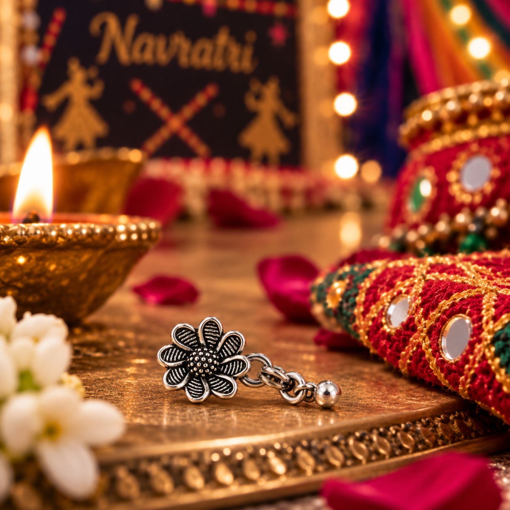 Navratri Spiral Flower Oxidised Nose Pin - view 1