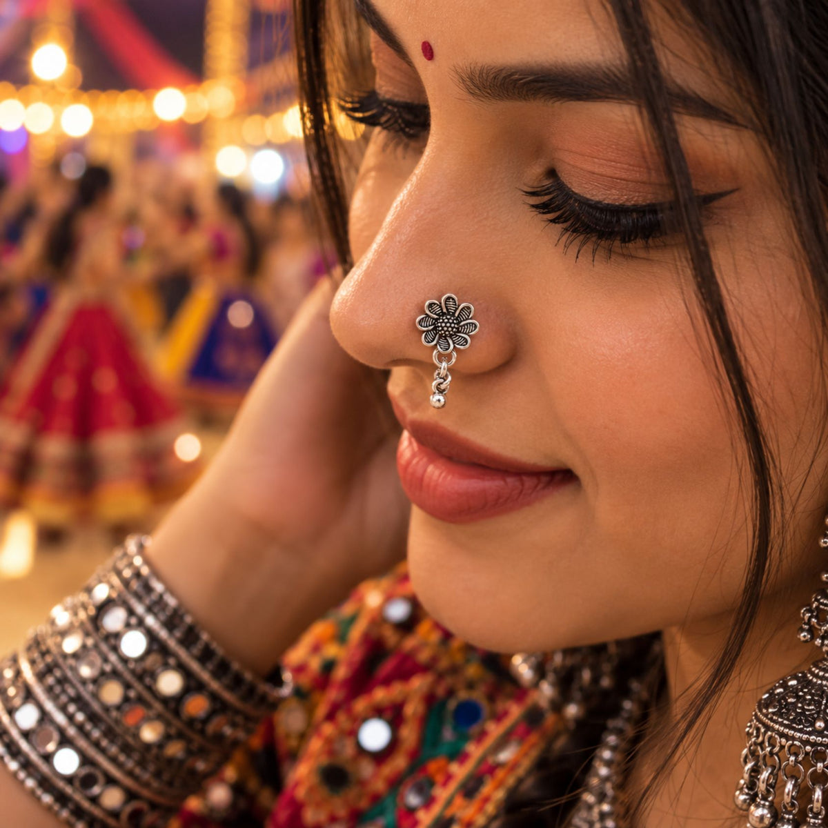 Navratri Spiral Flower Oxidised Nose Pin - view 4