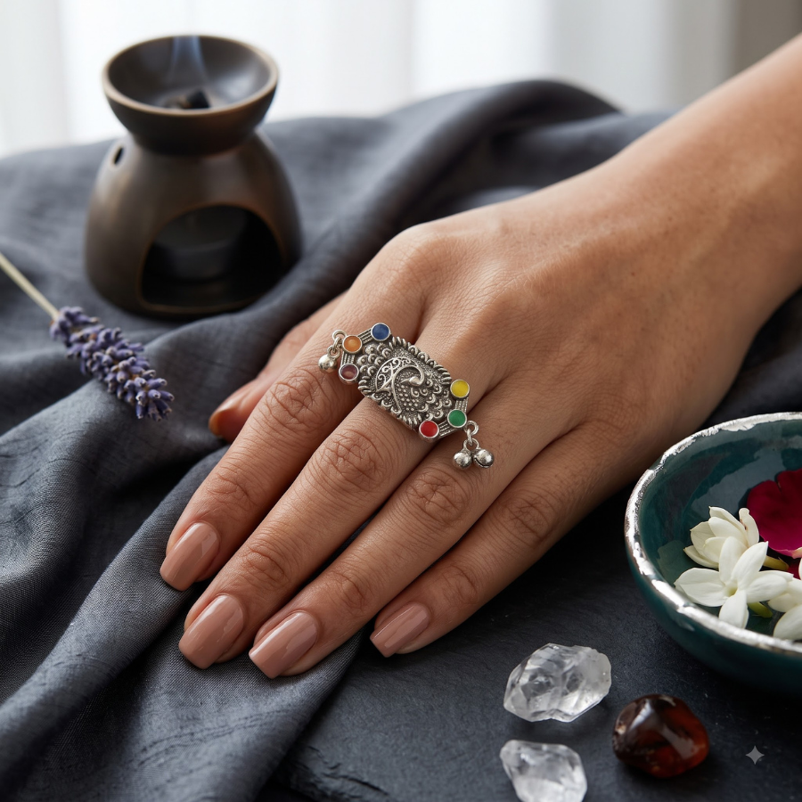 Navratri Multicolour Geometric Ghungroo Oxidised Ring - view 4