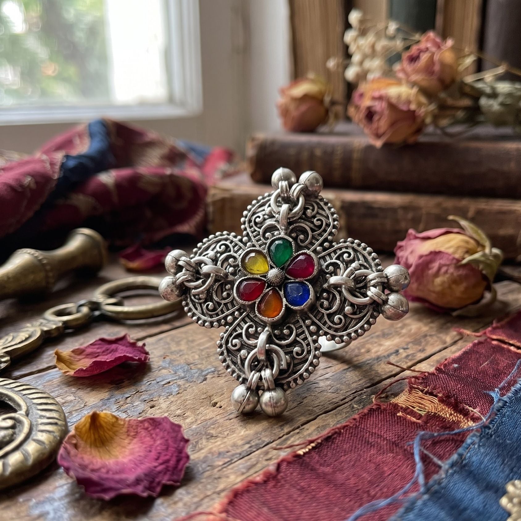 Navratri Multicolour Floral Oxidised Statement Ring - view 4