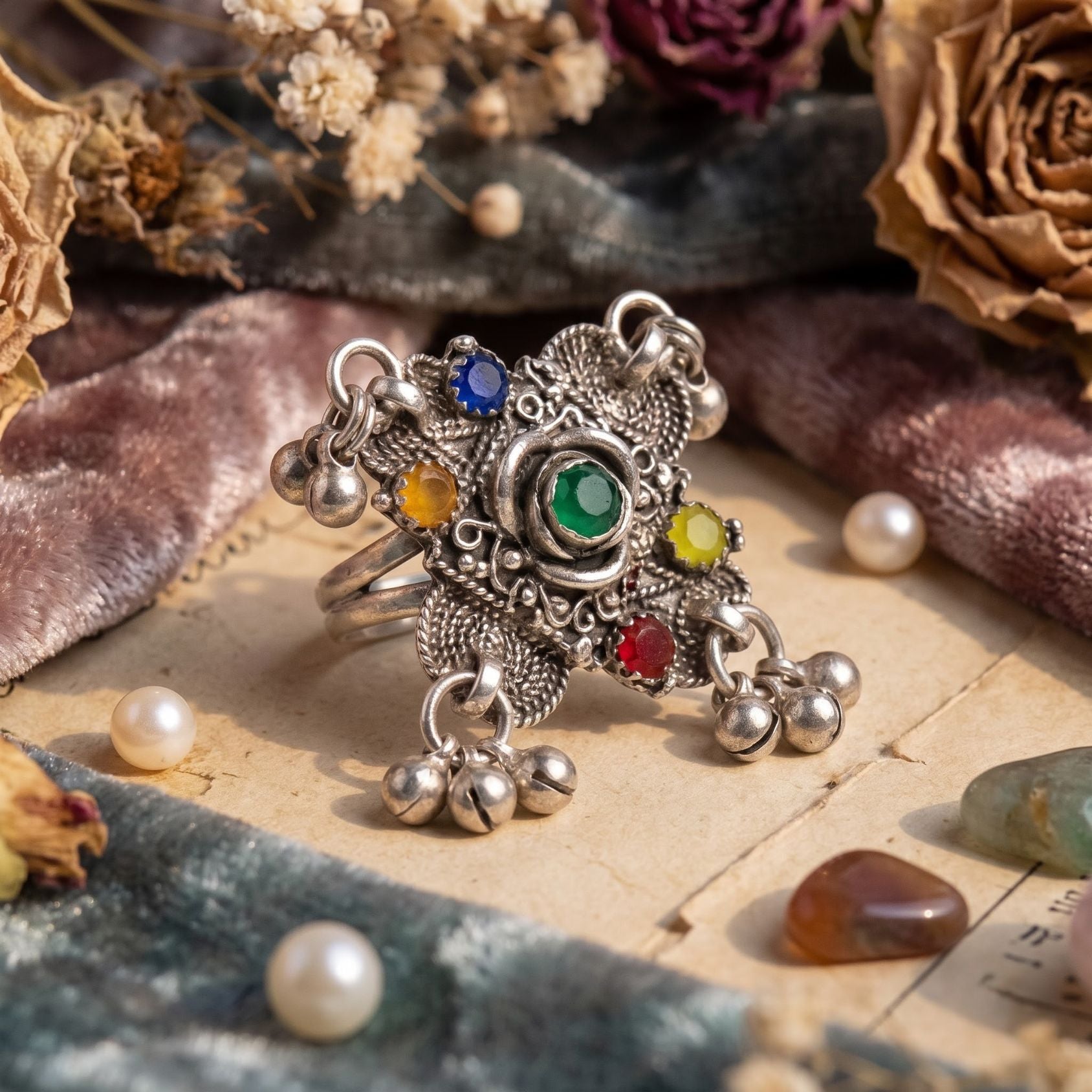 Navratri Green Stone Peacock Oxidised Ring - view 3