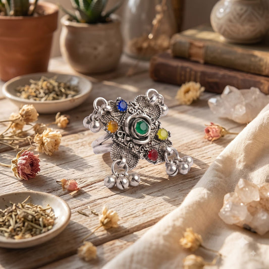 Navratri Green Stone Peacock Oxidised Ring - view 4