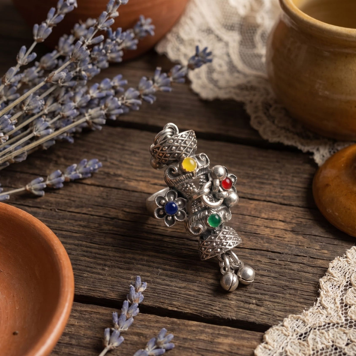 Navratri Elephant Ghungroo Oxidised Ring - view 3