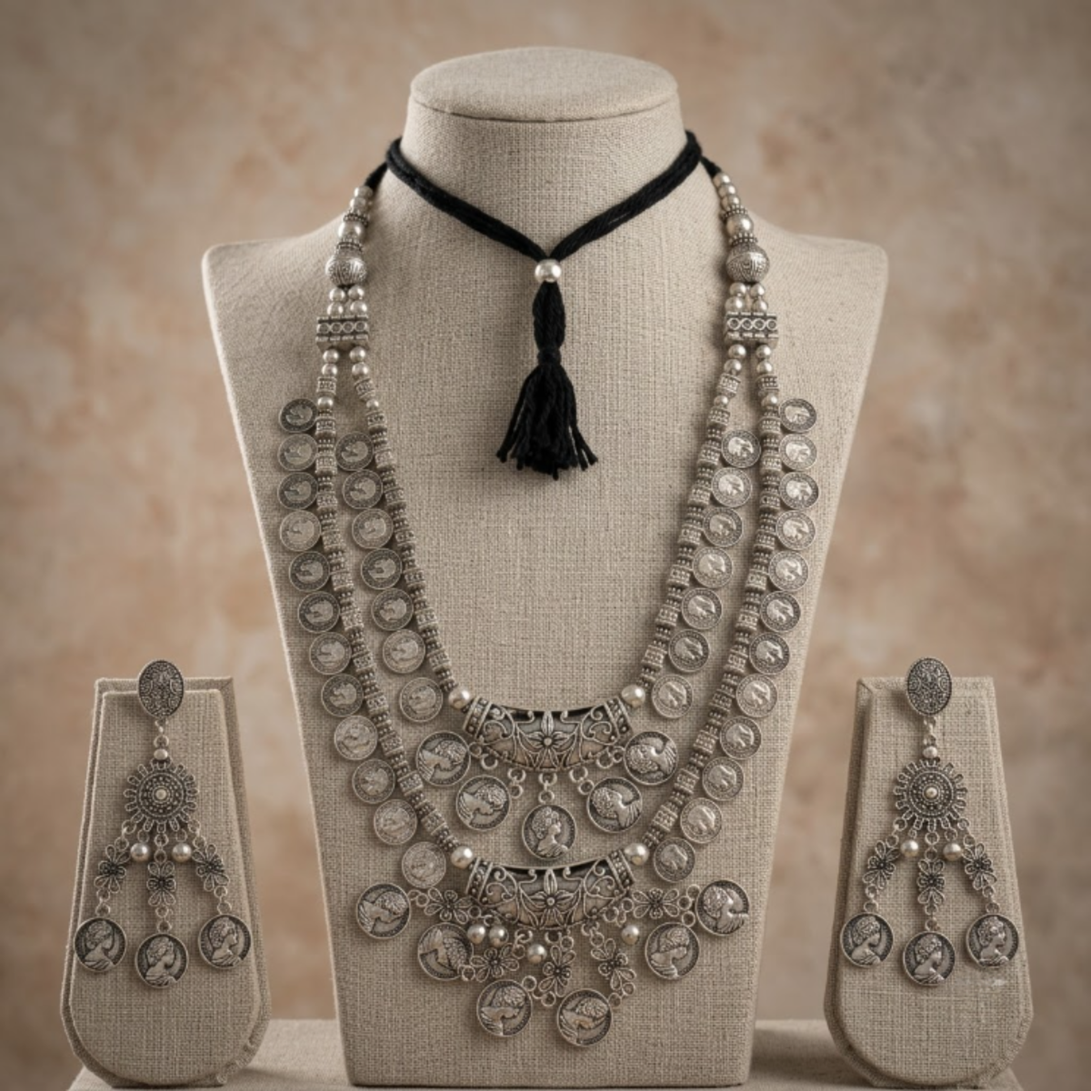 Navratri Coin Fringe Oxidised Choker Set - view 3