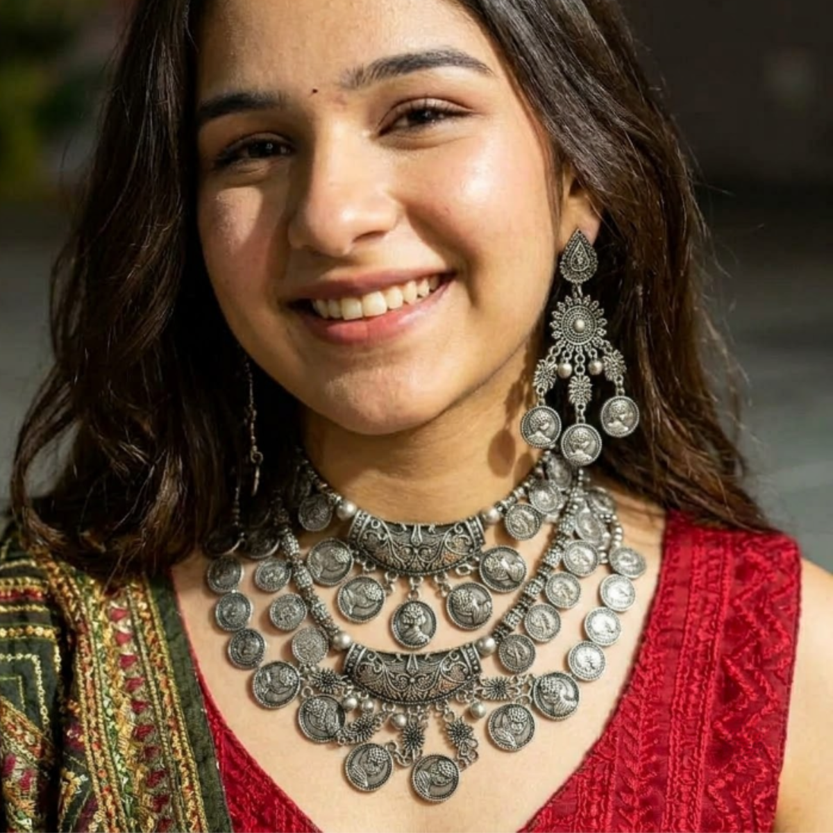 Navratri Coin Fringe Oxidised Choker Set - view 4
