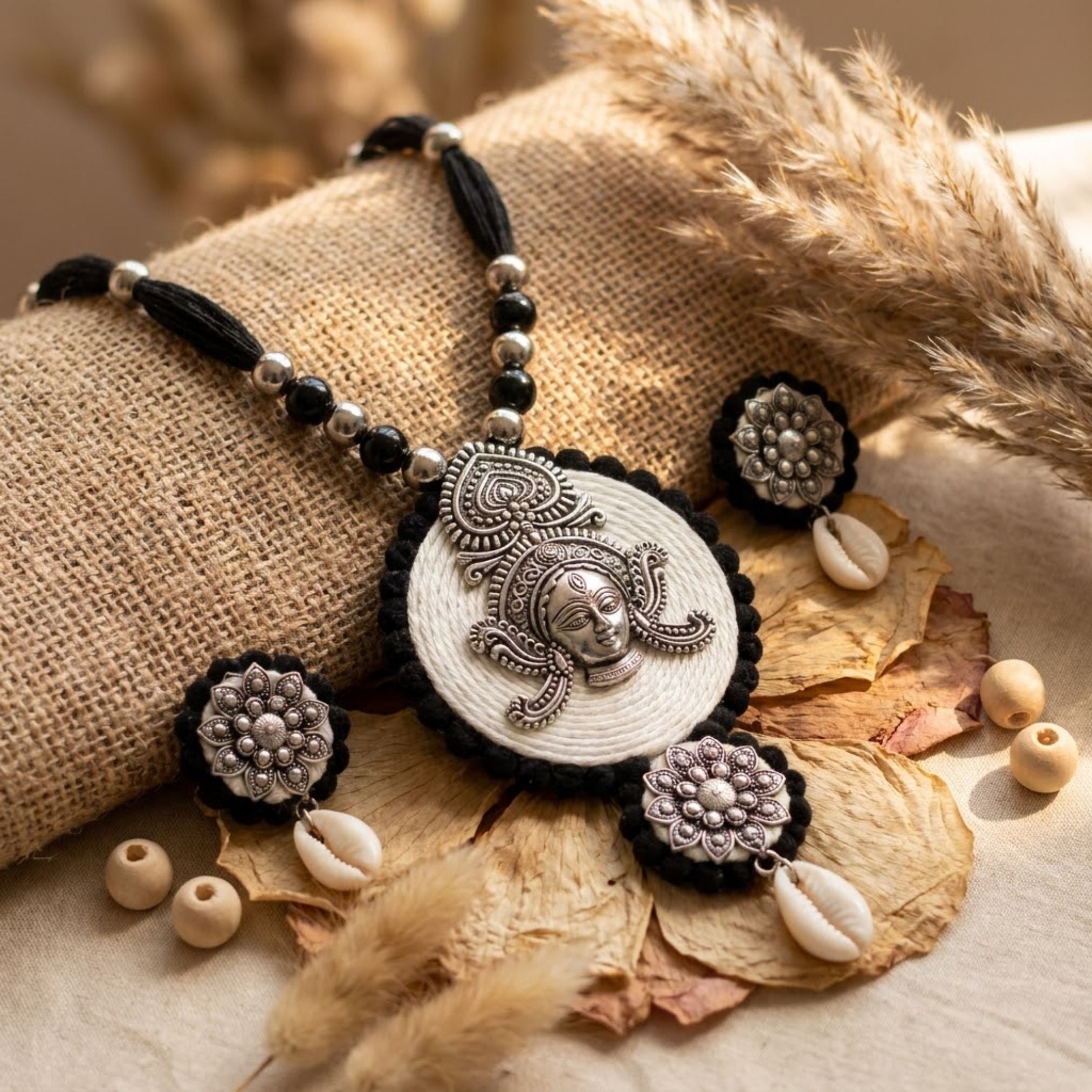 Navratri Double Medallion Oxidised Pendant Set - view 4