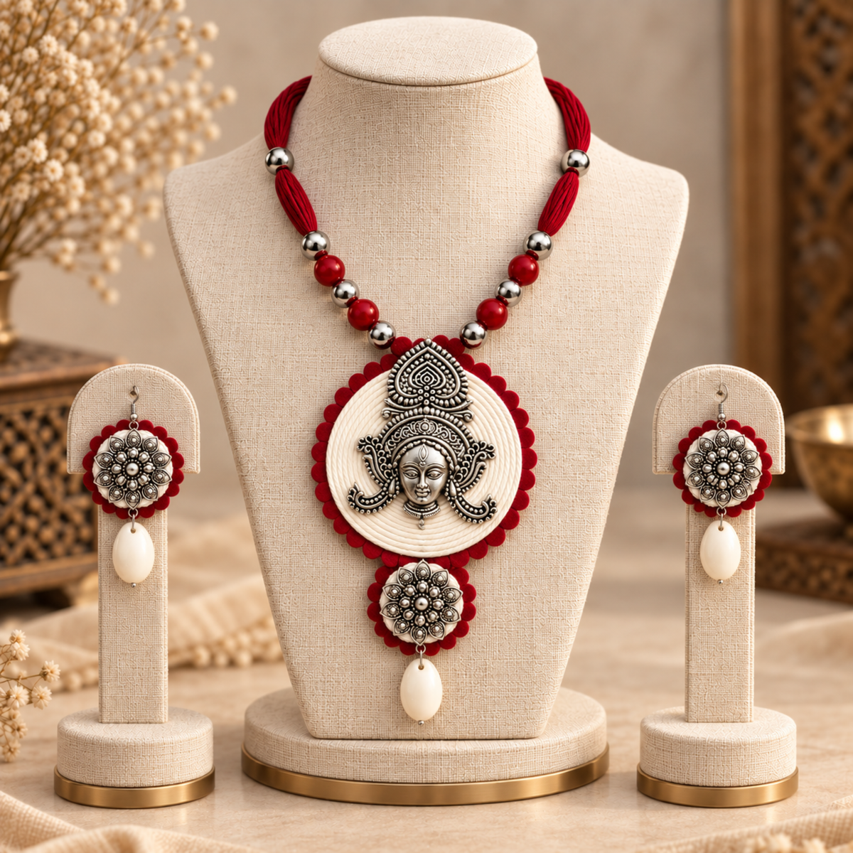Navratri Red Bead Medallion Oxidised Necklace Set - view 2
