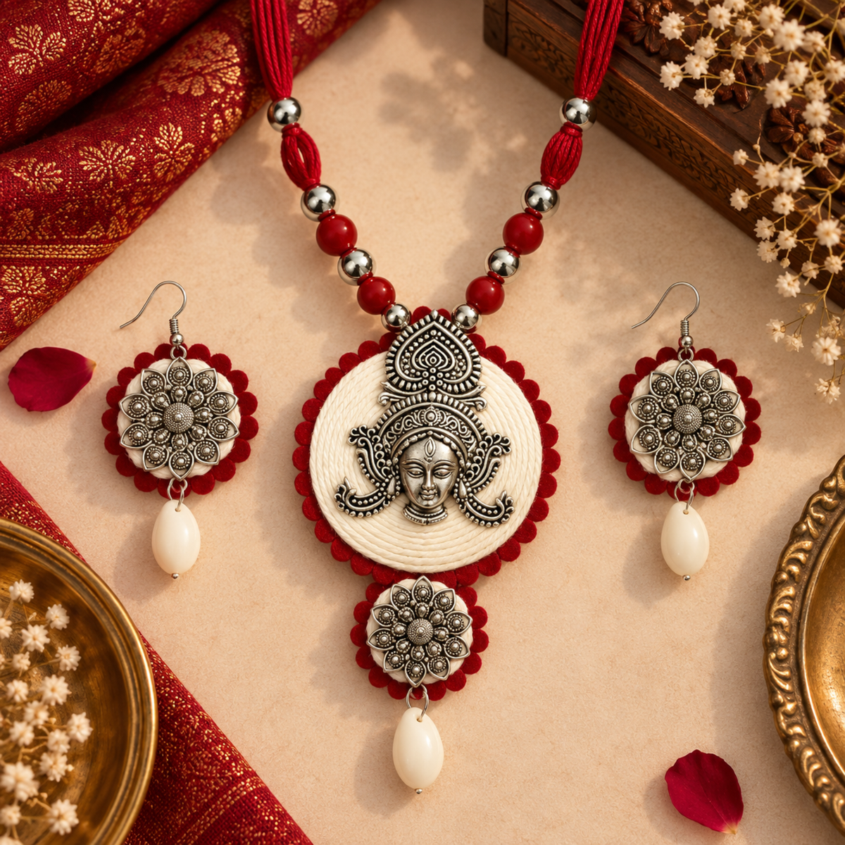 Navratri Red Bead Medallion Oxidised Necklace Set - view 3